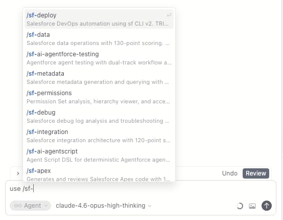 Cursor skill autocomplete showing /sf- prefix