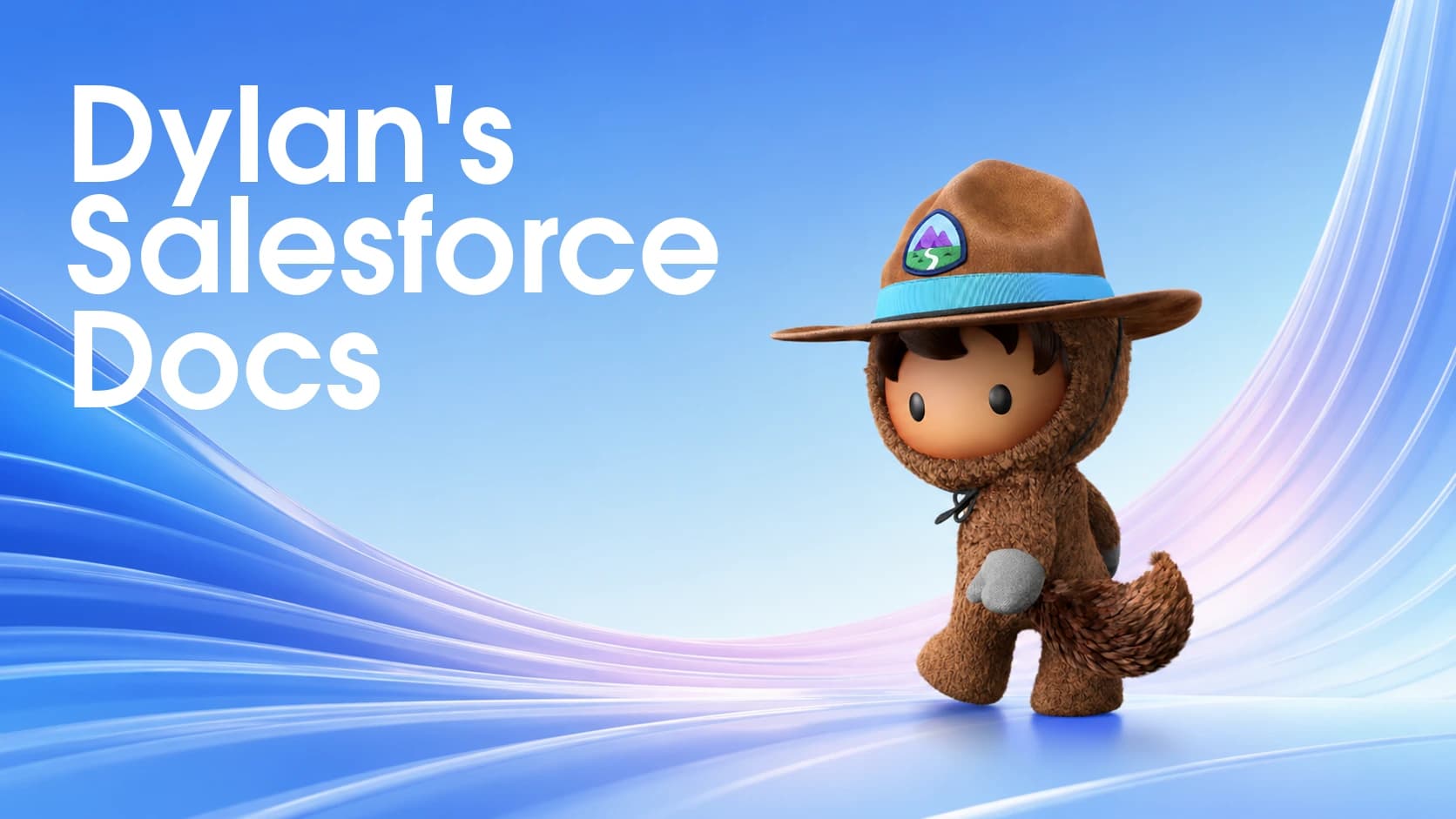 Dylan's Salesforce Docs. Astro walks through a blue and lavender landscape.